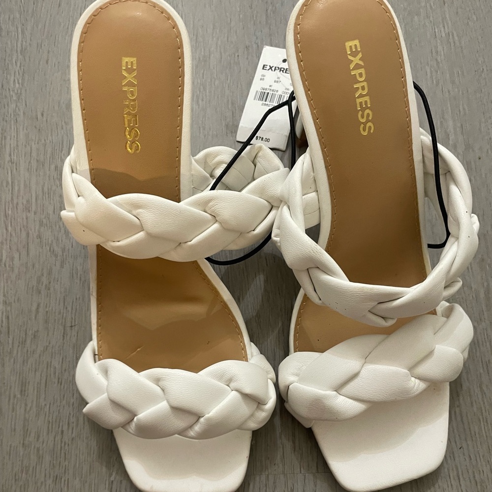 White braided Express heels